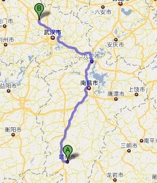 中国地图上湖北到江西的距离是多少?