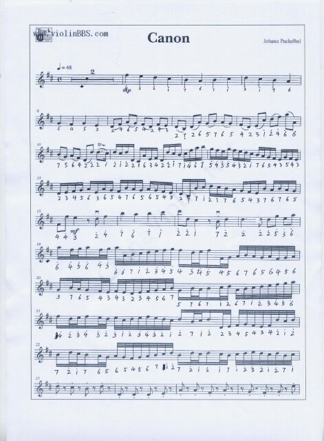 求小提琴《卡农》拨奏版五线谱