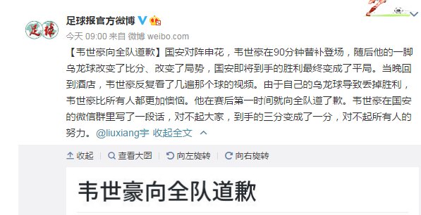 韦世豪赛后致歉是什么原因？