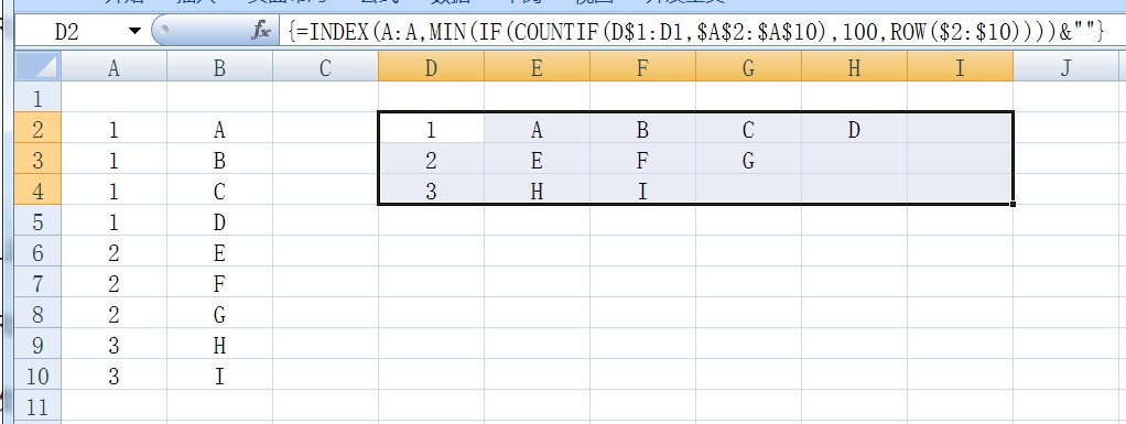 excel里第一列1111对应第二列ABCD, 222对应EFG怎么弄成1 A, B, C, D？