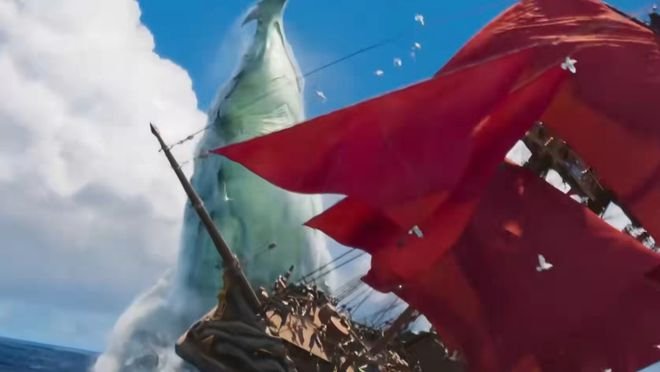 《海兽猎人》海报，红色怪兽怒目圆睁，这是什么主题的电影？