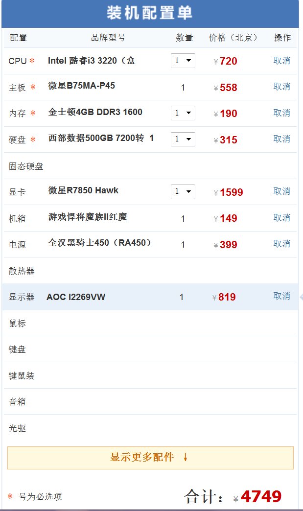 2013组装电脑配置清单