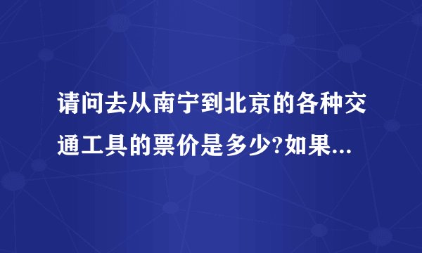 请问去从南宁到北京的各种交通工具的票价是多少?如果选择乘坐飞机或火车是多少?乘坐火车要多久时间可以...