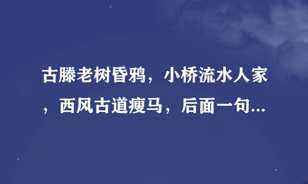 古滕老树昏鸦，小桥流水人家，西风古道瘦马，后面一句是什么？出自哪个朝代的诗人？