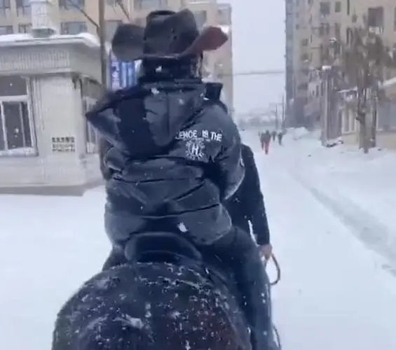 辽宁暴雪爸爸带儿子骑马去吃饭，暴雪天该带孩子出行吗？